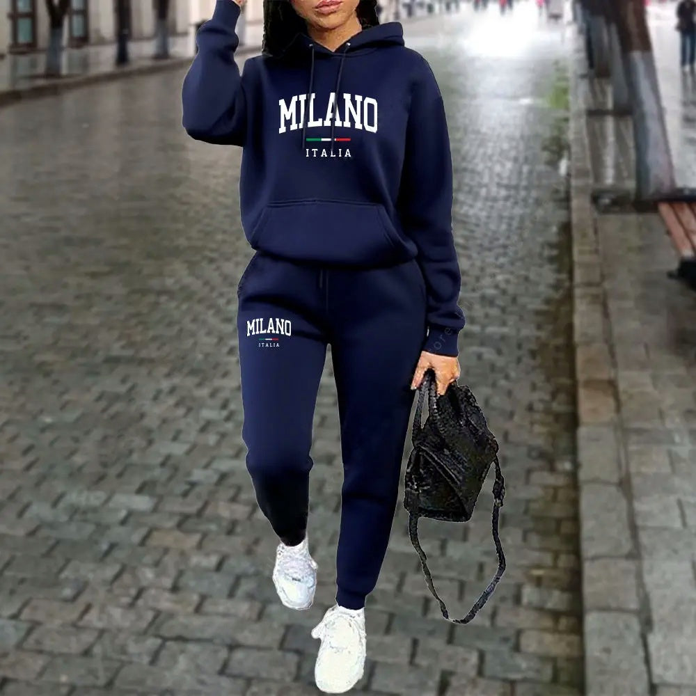 Ensemble 2 pièces MILANO, sweat à capuche et pantalon, tenue de sport, lettre imprimée, vêtements esthétiques, survêtement pour dames, automne et hiver