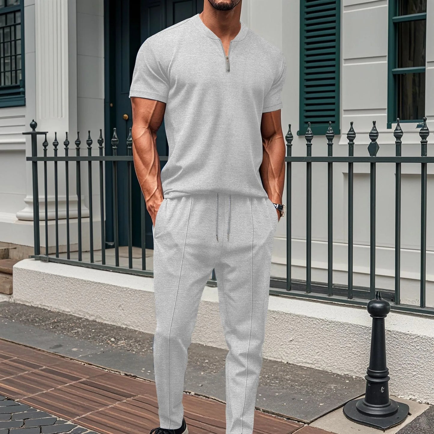 2025 Nouveau polo à col gaufré pour hommes, petite fermeture éclair, couleur unie, t-shirt à manches courtes et pantalon