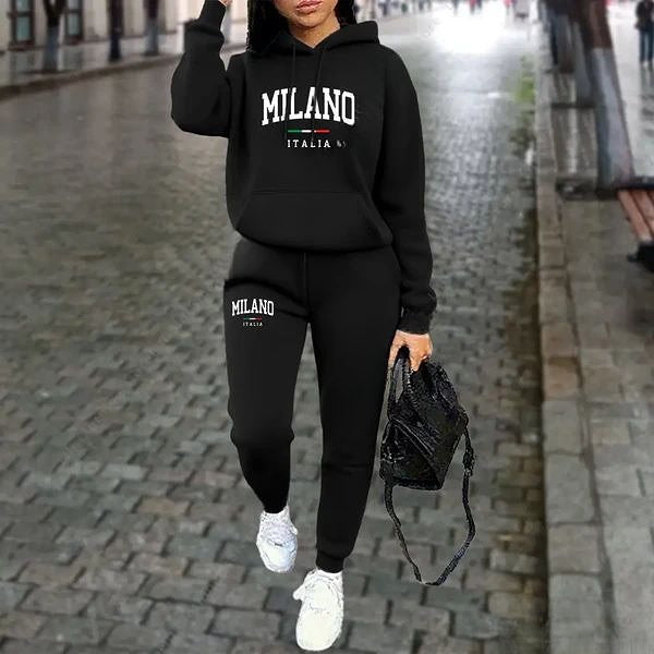 Ensemble 2 pièces MILANO, sweat à capuche et pantalon, tenue de sport, lettre imprimée, vêtements esthétiques, survêtement pour dames, automne et hiver