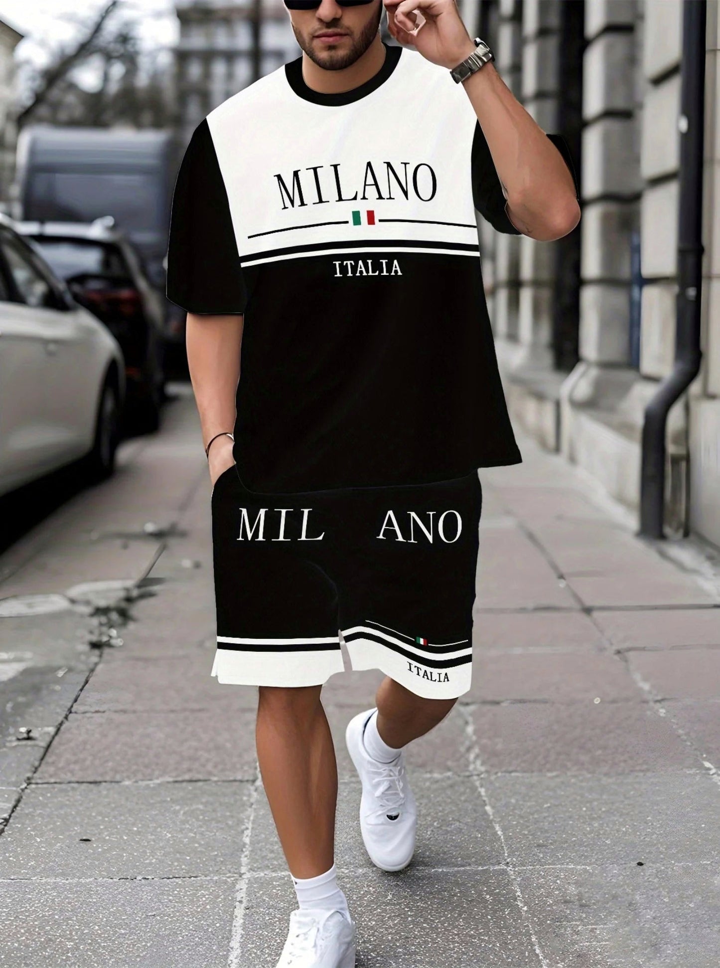 Nouveau MILANO ITALIA imprimer décontracté à manches courtes, ensemble T-Shirt/Short adulte .