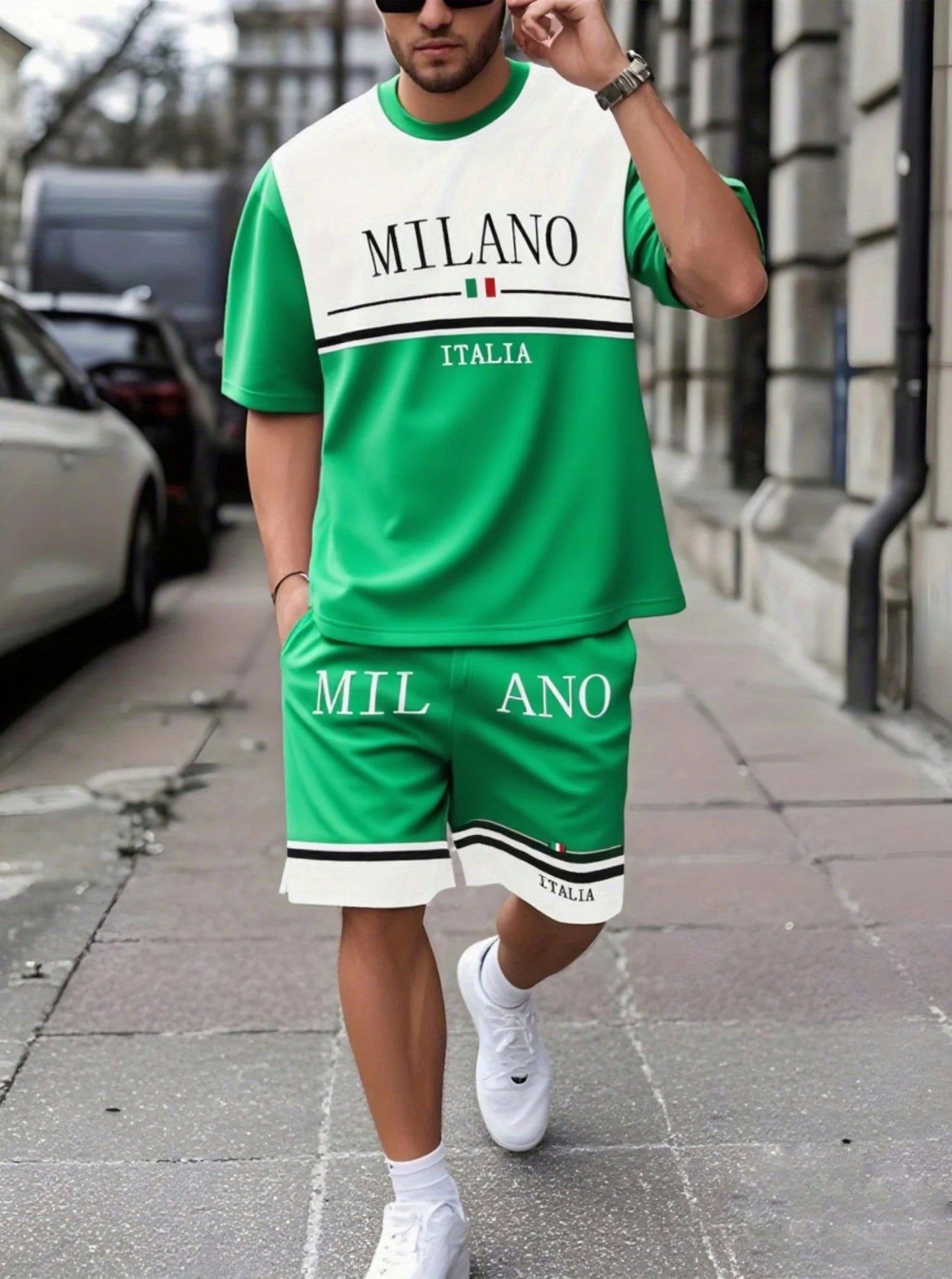 Nouveau MILANO ITALIA imprimer décontracté à manches courtes, ensemble T-Shirt/Short adulte .