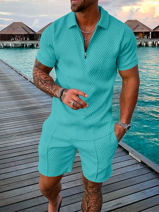 Ensemble 2 pièces polo zippé à manches courtes et short pour homme, imprimé pois 3D