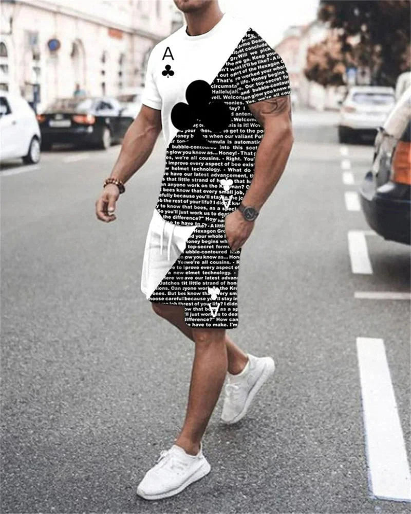 Ensembles d'été Cartes K, Q, A, Joker, t-shirt de rue, deux pièces, imprimé en 3D, vêtements décontractés, col rond, survêtement de plage.