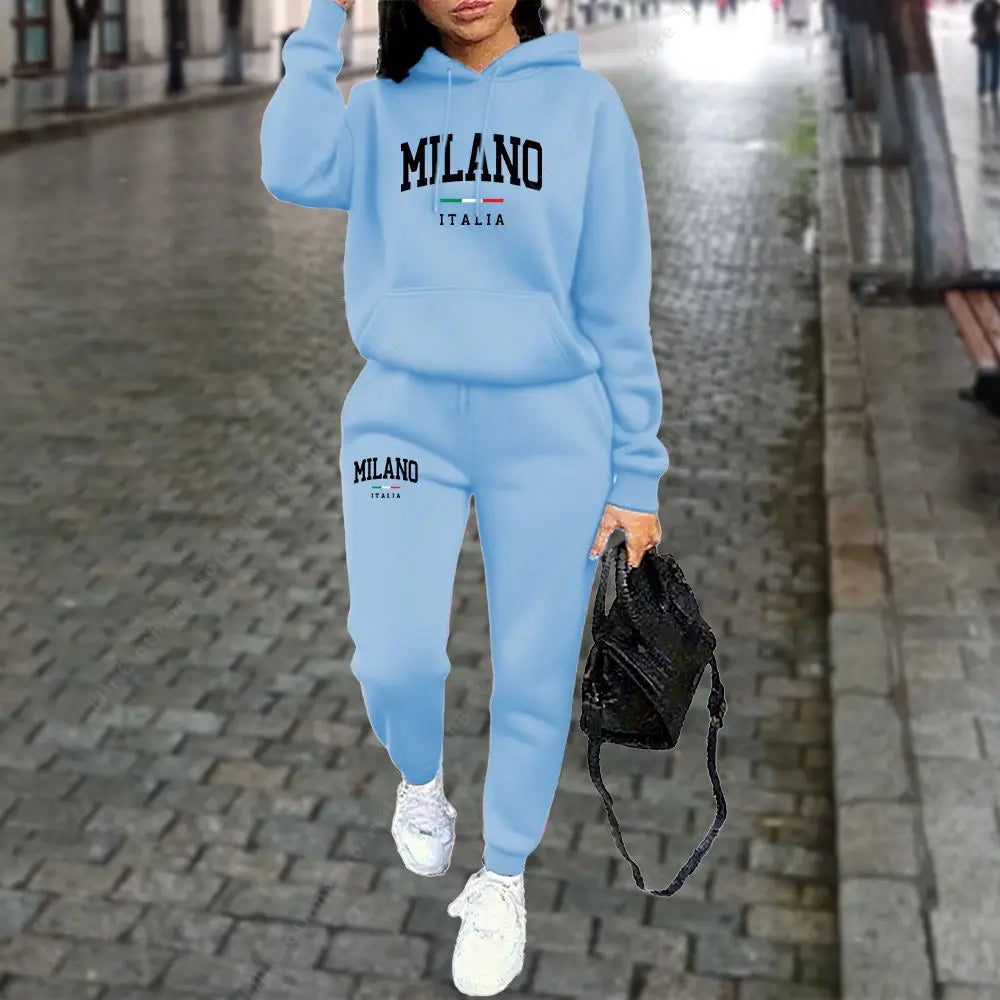 Ensemble 2 pièces MILANO, sweat à capuche et pantalon, tenue de sport, lettre imprimée, vêtements esthétiques, survêtement pour dames, automne et hiver