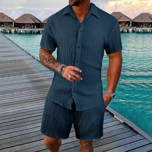 Costume d'été 2 pièces, chemise à manches courtes et short rayés plissés confortables, ensemble en polyester avec revers