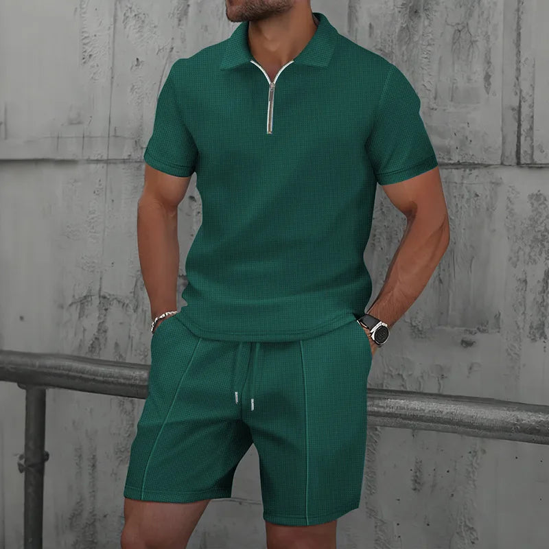 Ensemble deux pièces pour homme, nouvelle collection été 2025, couleur unie, fermeture éclair, revers, short, Europe et États-Unis