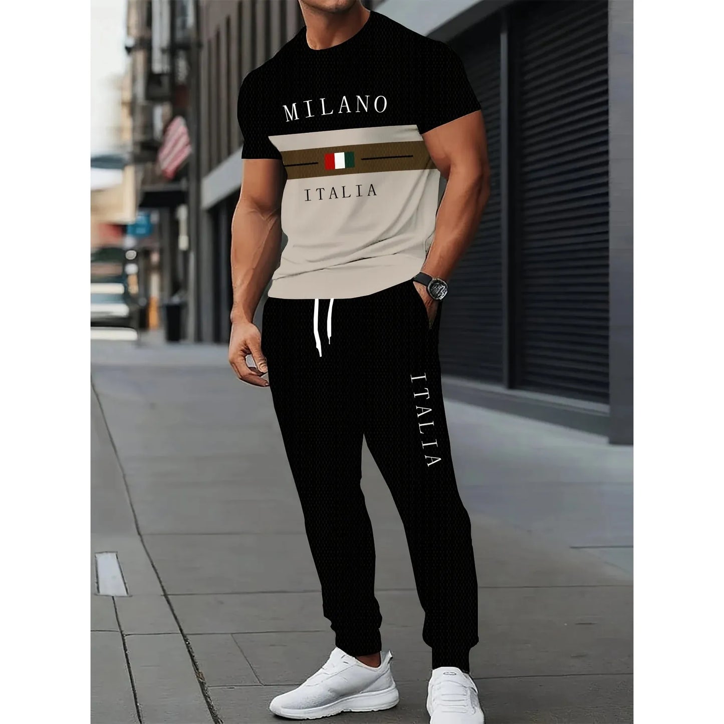 Le nouvel ensemble Milano streetwear décontracté et simple pour hommes, avec lettres imprimées en 3D, doux et confortable, été 2025