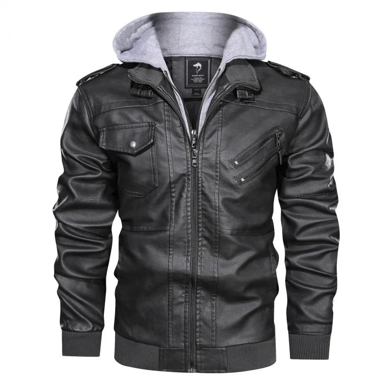 Vestes pour hommes, veste en faux cuir, double fermeture éclair, capuche amovible, manteau en cuir de motard