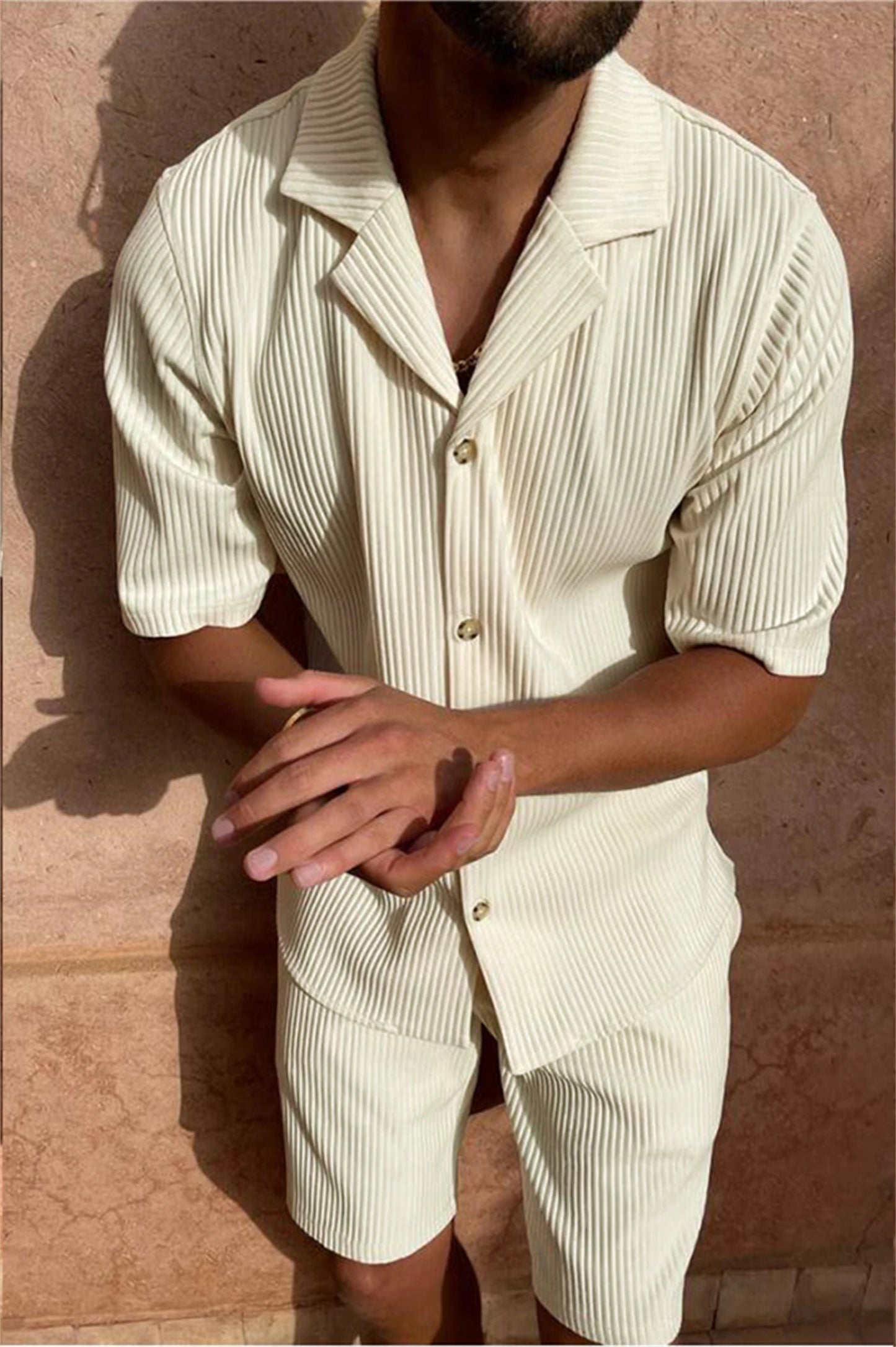 Costume printemps/été chemise à manches courtes en velours côtelé de couleur unie et short extensible costume de plage décontracté