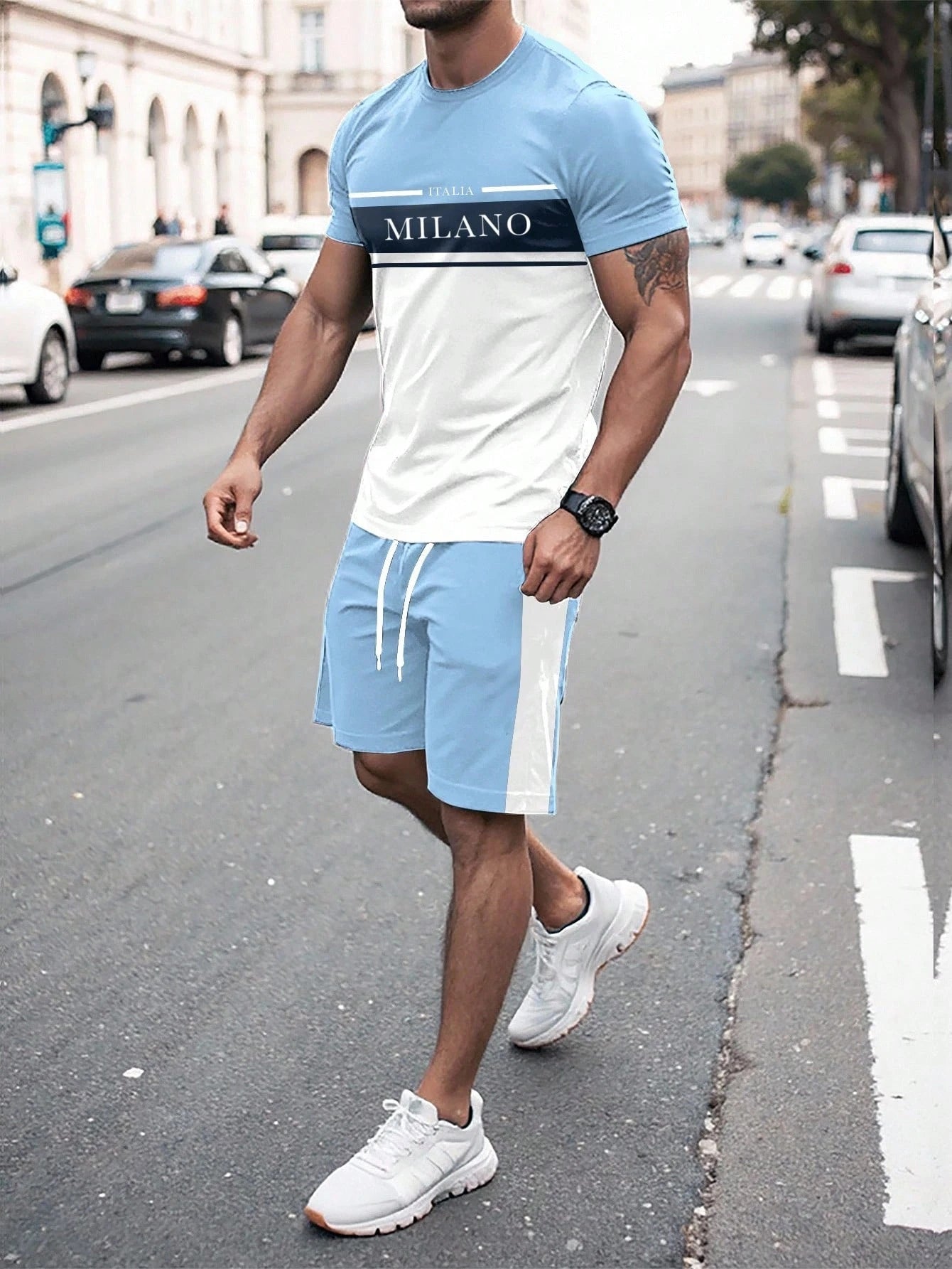 Ensemble 2 pièces pour hommes, T-shirt à manches courtes et Short à rayures avec lettres imprimées, surdimensionné, ample, col rond, avec cordon de serrage, été