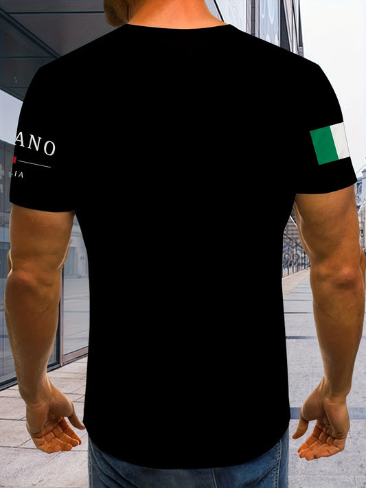 T-shirt Milano Italia pour homme col rond extensible confortable noir avec drapeau italien et imprimé "MILANO ITALIA"