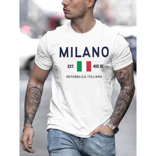 Milano imprimé T-shirt col rond à manches courtes, Sport, confortable pour l'été, Style athlétique.