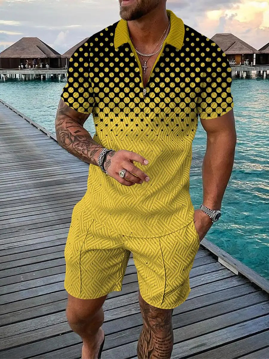 Ensemble 2 pièces à manches courtes et short pour homme, imprimé pois 3D amusant, polo zippé et décontracté, tenue d'été