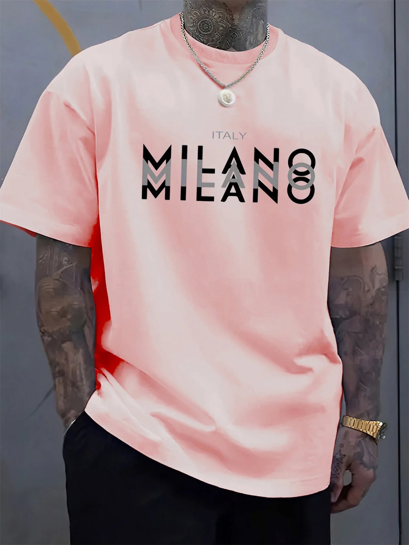 Italy MILANO 100% pur coton, décontracté, coupe ample, grande taille, imprimé, confortable, col rond, T-shirt manches courtes