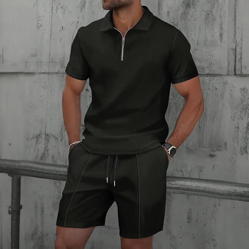 Ensemble deux pièces pour homme, nouvelle collection été 2025, couleur unie, fermeture éclair, revers, short, Europe et États-Unis