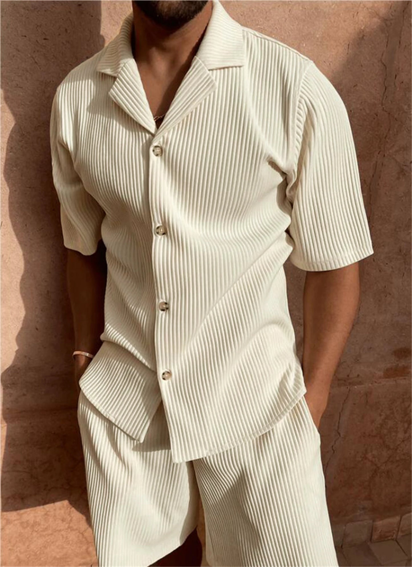 Costume printemps/été chemise à manches courtes en velours côtelé de couleur unie et short extensible costume de plage décontracté