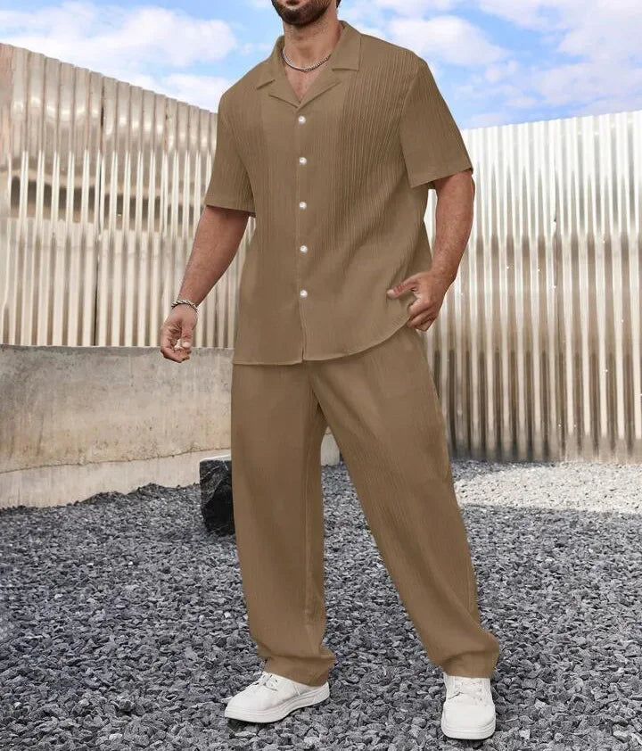 Ensemble deux pièces pour homme, survêtement décontracté, chemise boutonnée à manches courtes et pantalon, à la mode