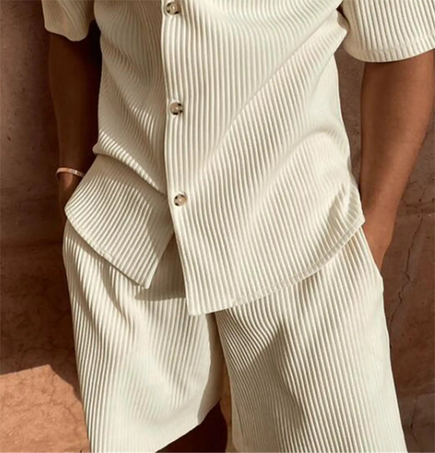 Costume printemps/été chemise à manches courtes en velours côtelé de couleur unie et short extensible costume de plage décontracté