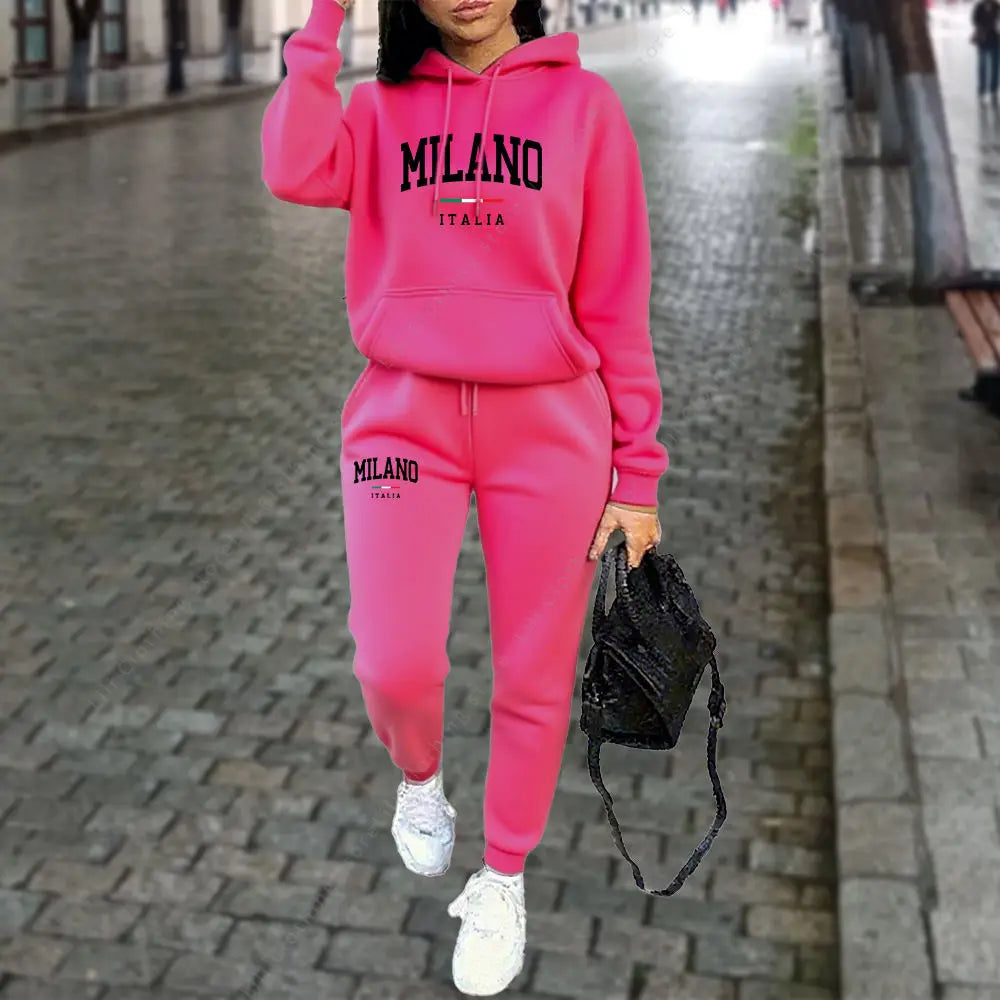 Ensemble 2 pièces MILANO, sweat à capuche et pantalon, tenue de sport, lettre imprimée, vêtements esthétiques, survêtement pour dames, automne et hiver