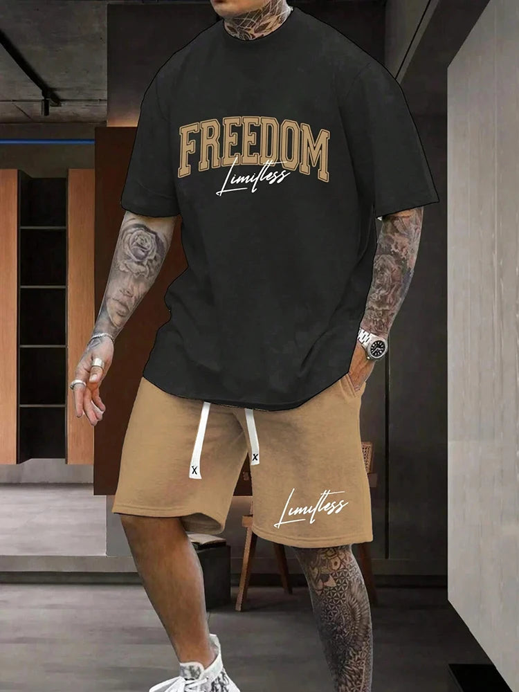 Ensemble deux pièces pour homme, décontracté, respirant, à manches courtes, style urbain, ample, t-shirt et short, idéal pour les vacances en plein air et le sport, idéal pour l'été