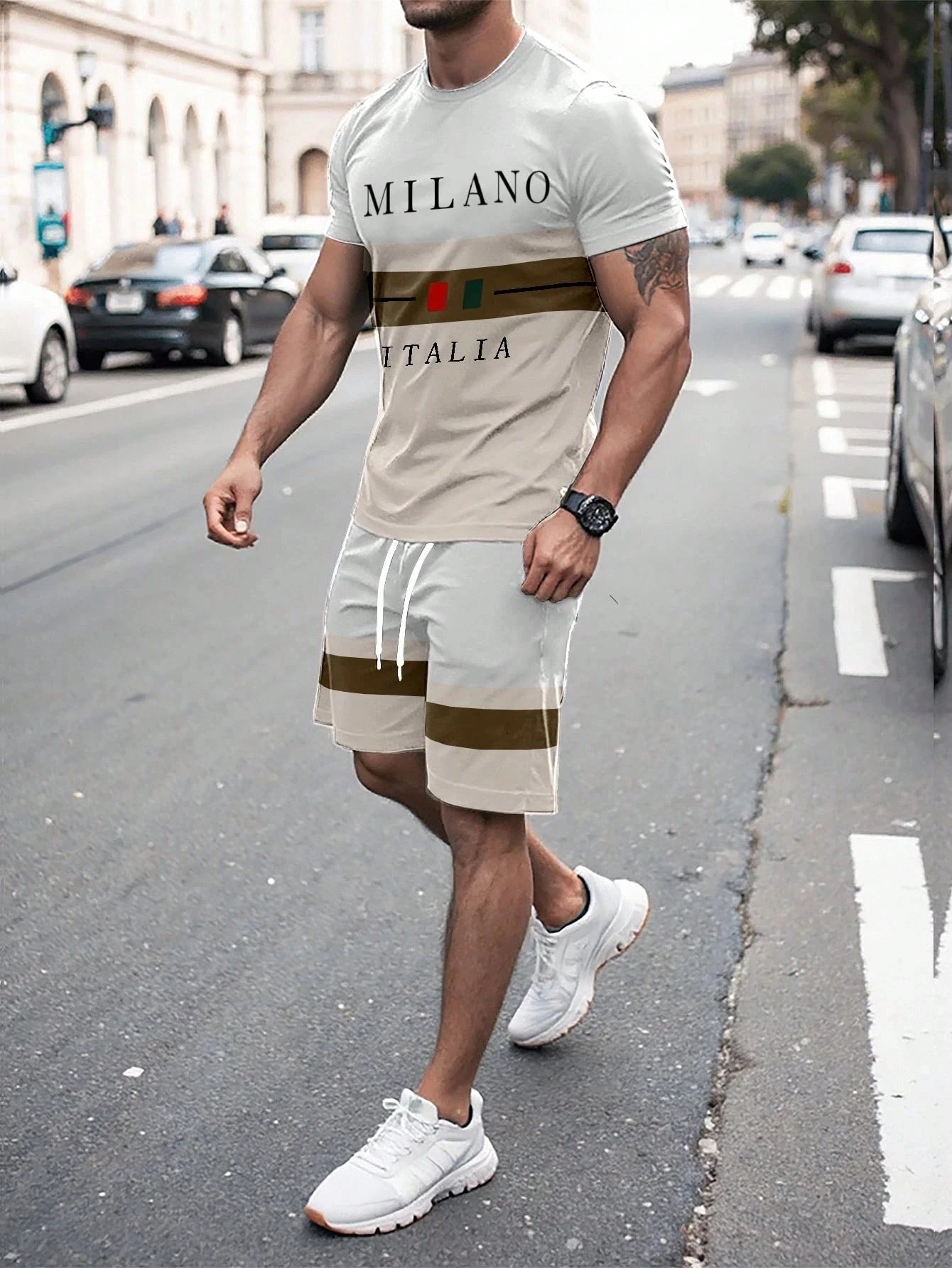 Ensemble 2 pièces pour hommes, T-shirt à manches courtes et Short à rayures avec lettres imprimées, surdimensionné, ample, col rond, avec cordon de serrage, été