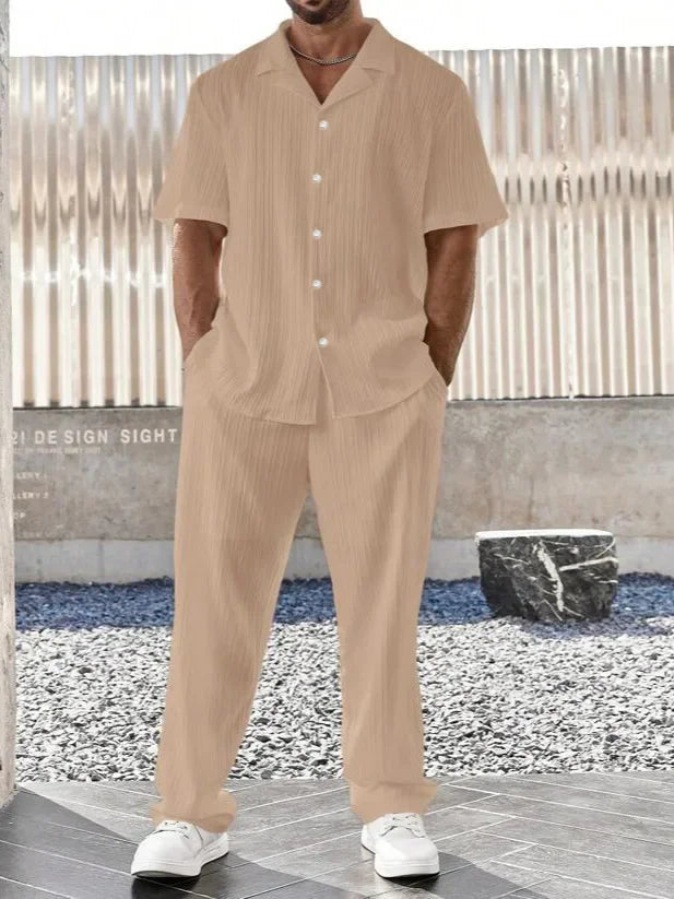 Ensemble deux pièces pour homme, survêtement décontracté, chemise boutonnée à manches courtes et pantalon, à la mode