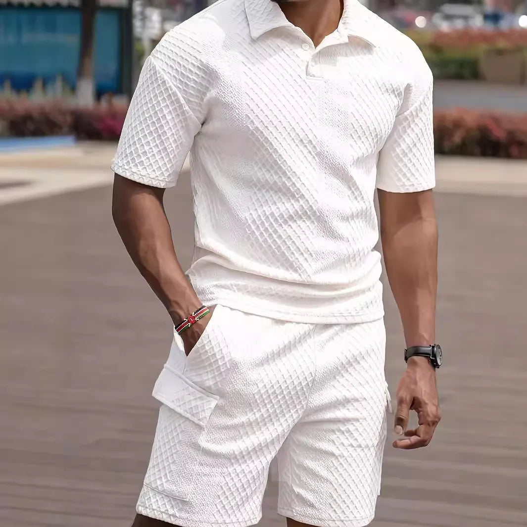 Ensemble polo décontracté d'été pour homme, chemise boutonnée à revers, couleur unie, manches courtes et short