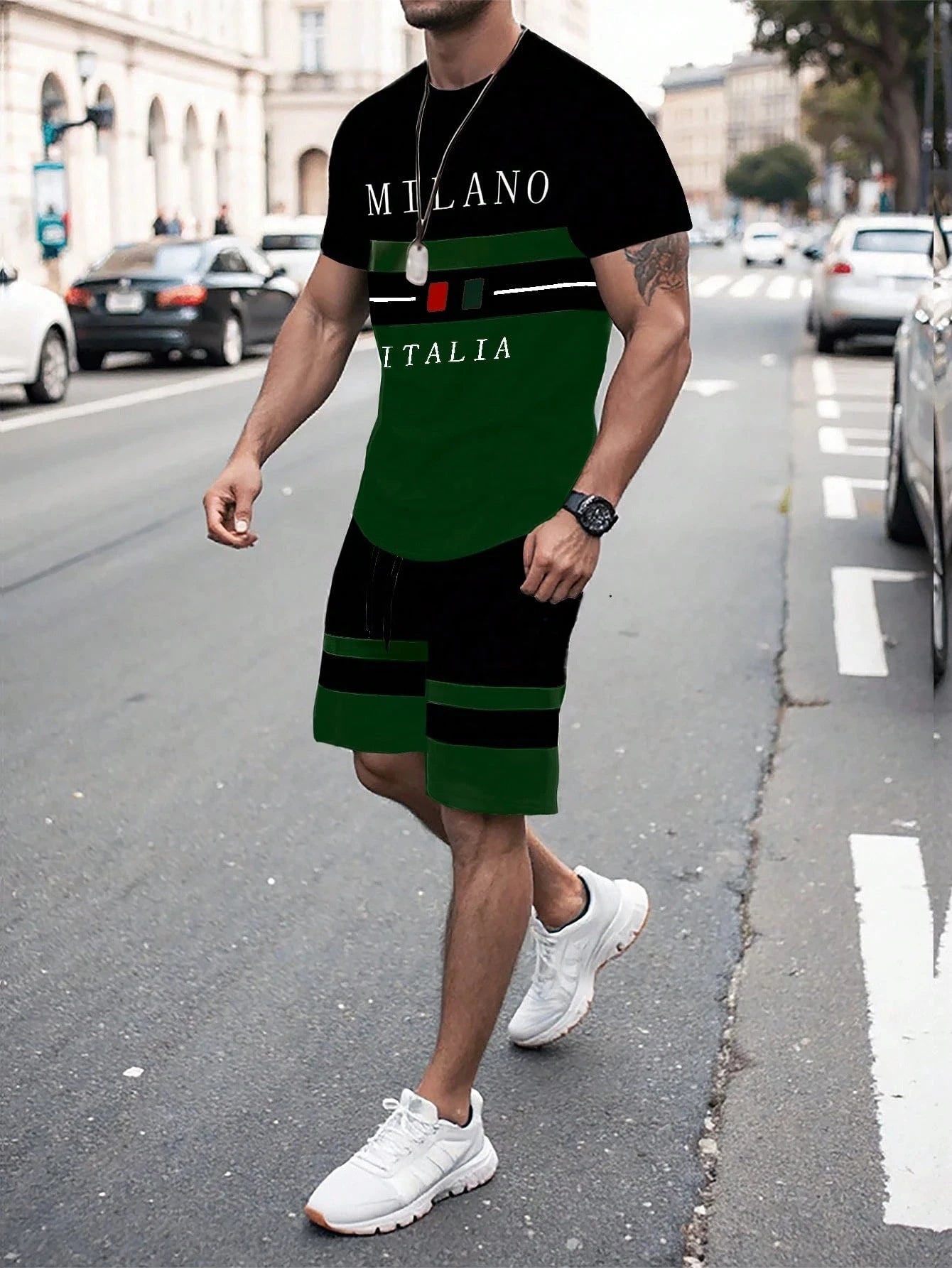 Ensemble 2 pièces pour hommes, T-shirt à manches courtes et Short à rayures avec lettres imprimées, surdimensionné, ample, col rond, avec cordon de serrage, été