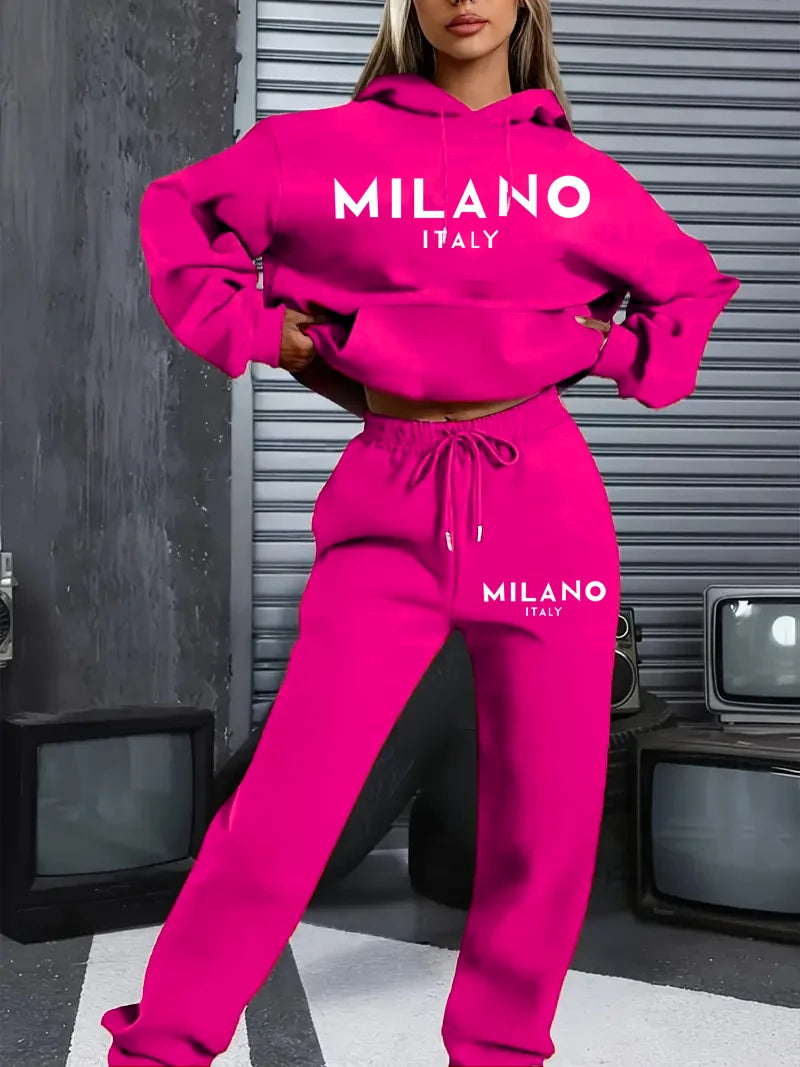 MILANO imprimé sweat à capuche, ensemble rue Hip Hop, vêtements décontracté 2 pièces vêtements en peluche sweat parfait pour l'extérieur.