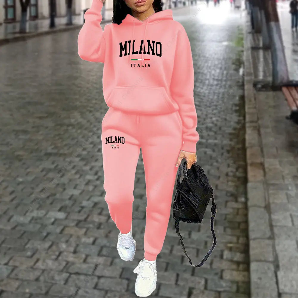 Ensemble 2 pièces MILANO, sweat à capuche et pantalon, tenue de sport, lettre imprimée, vêtements esthétiques, survêtement pour dames, automne et hiver