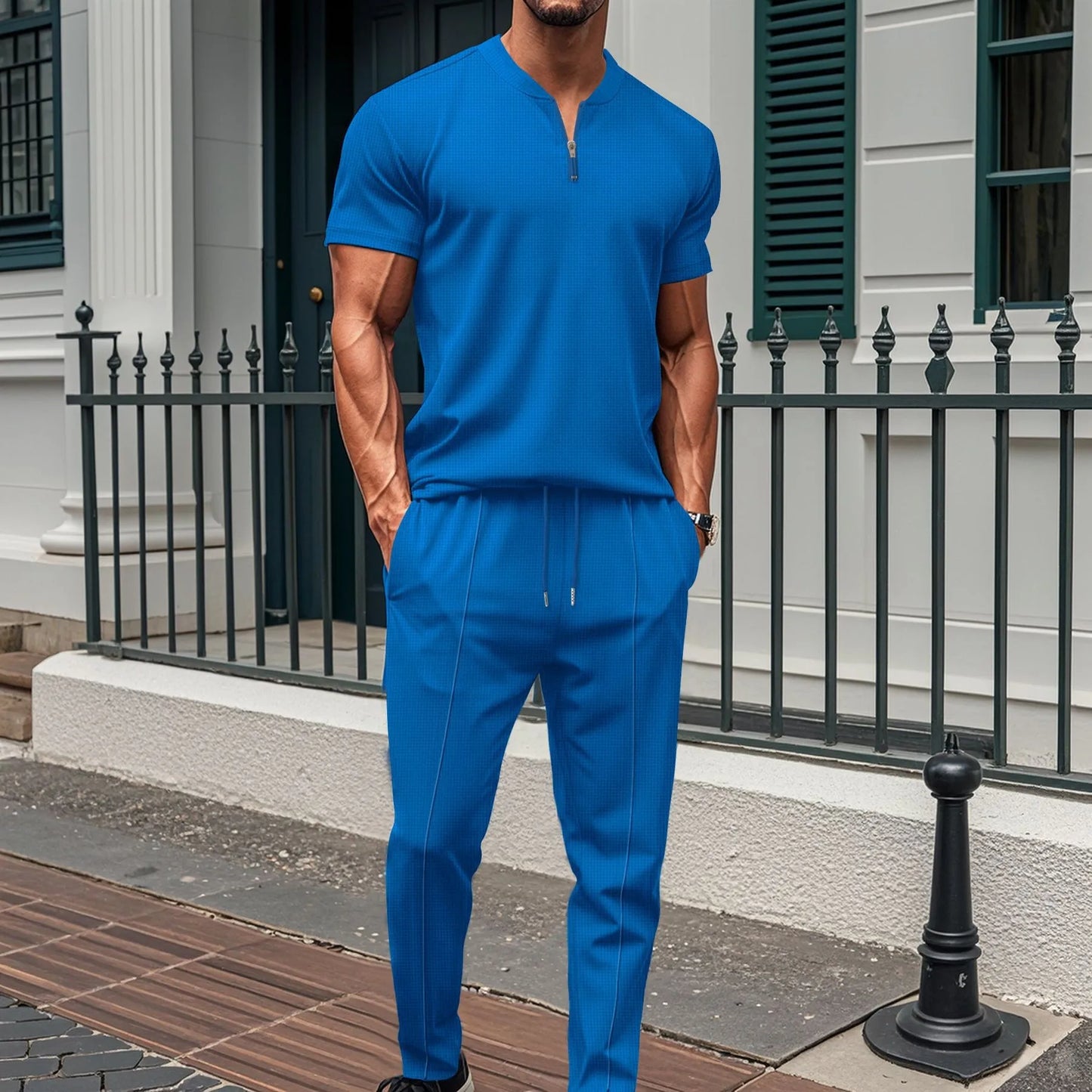 2025 Nouveau polo à col gaufré pour hommes, petite fermeture éclair, couleur unie, t-shirt à manches courtes et pantalon