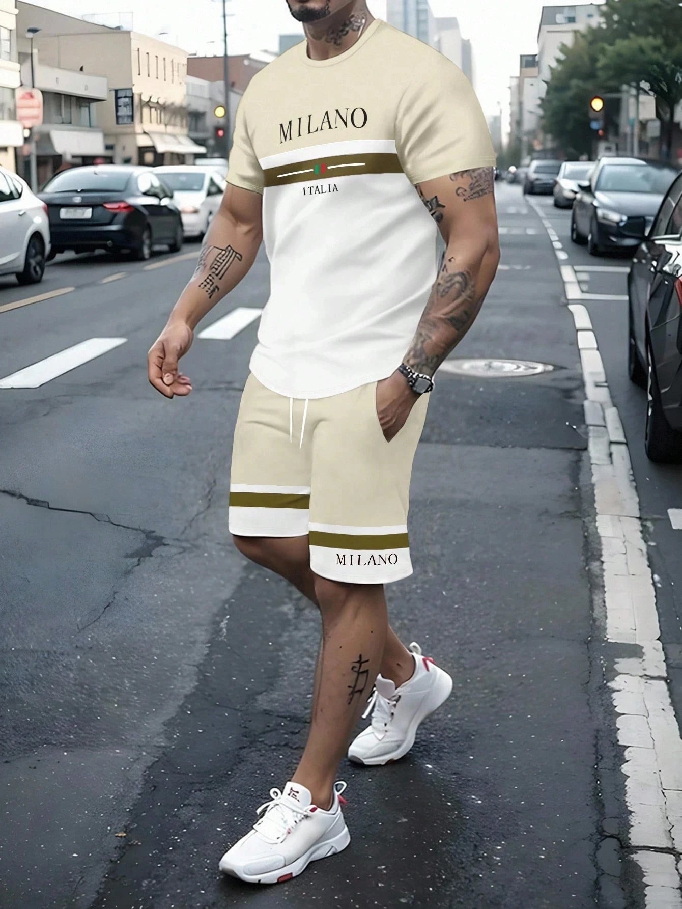 Ensemble 2 pièces pour hommes, T-shirt à manches courtes et Short à rayures avec lettres imprimées, surdimensionné, ample, col rond, avec cordon de serrage, été