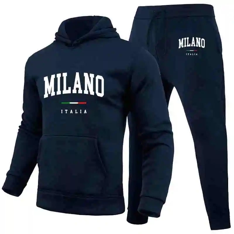 Sweat à capuche et pantalon de survêtement imprimé Milano jogging, streetwear décontracté, sport, luxe.
