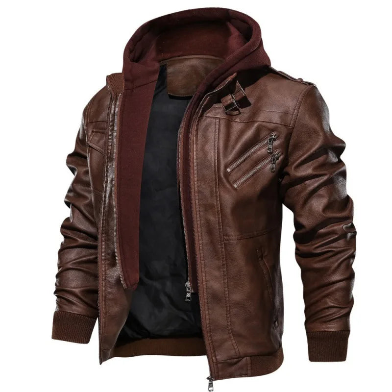 Vestes pour hommes, veste en faux cuir, double fermeture éclair, capuche amovible, manteau en cuir de motard