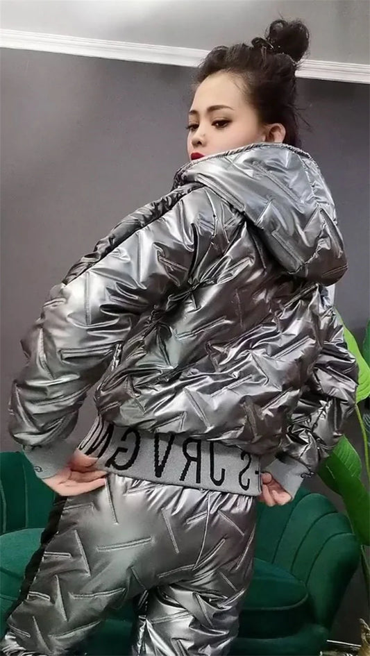 Ensemble brillants pour femmes, ensemble deux pièces surdimensionné, décontracté, à capuche, manteau court rembourré en coton + pantalon épais et chaud, à la mode