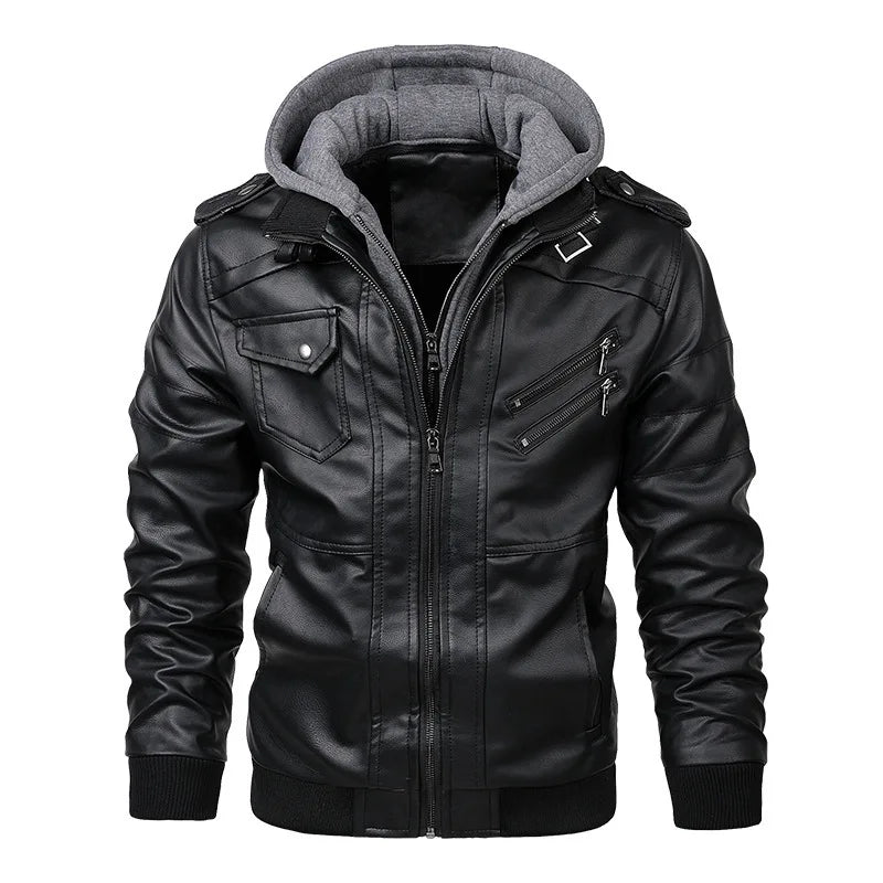 Vestes pour hommes, veste en faux cuir, double fermeture éclair, capuche amovible, manteau en cuir de motard