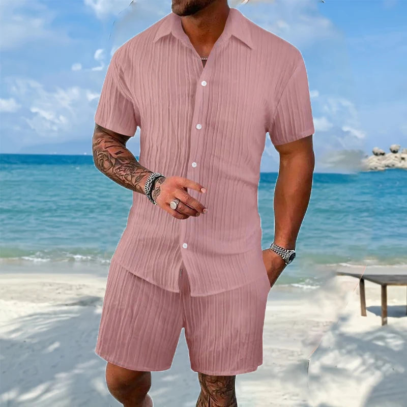 Costume d'été 2 pièces pour homme, chemise à manches courtes et short rayés plissés confortables, ensemble décontracté en polyester avec revers