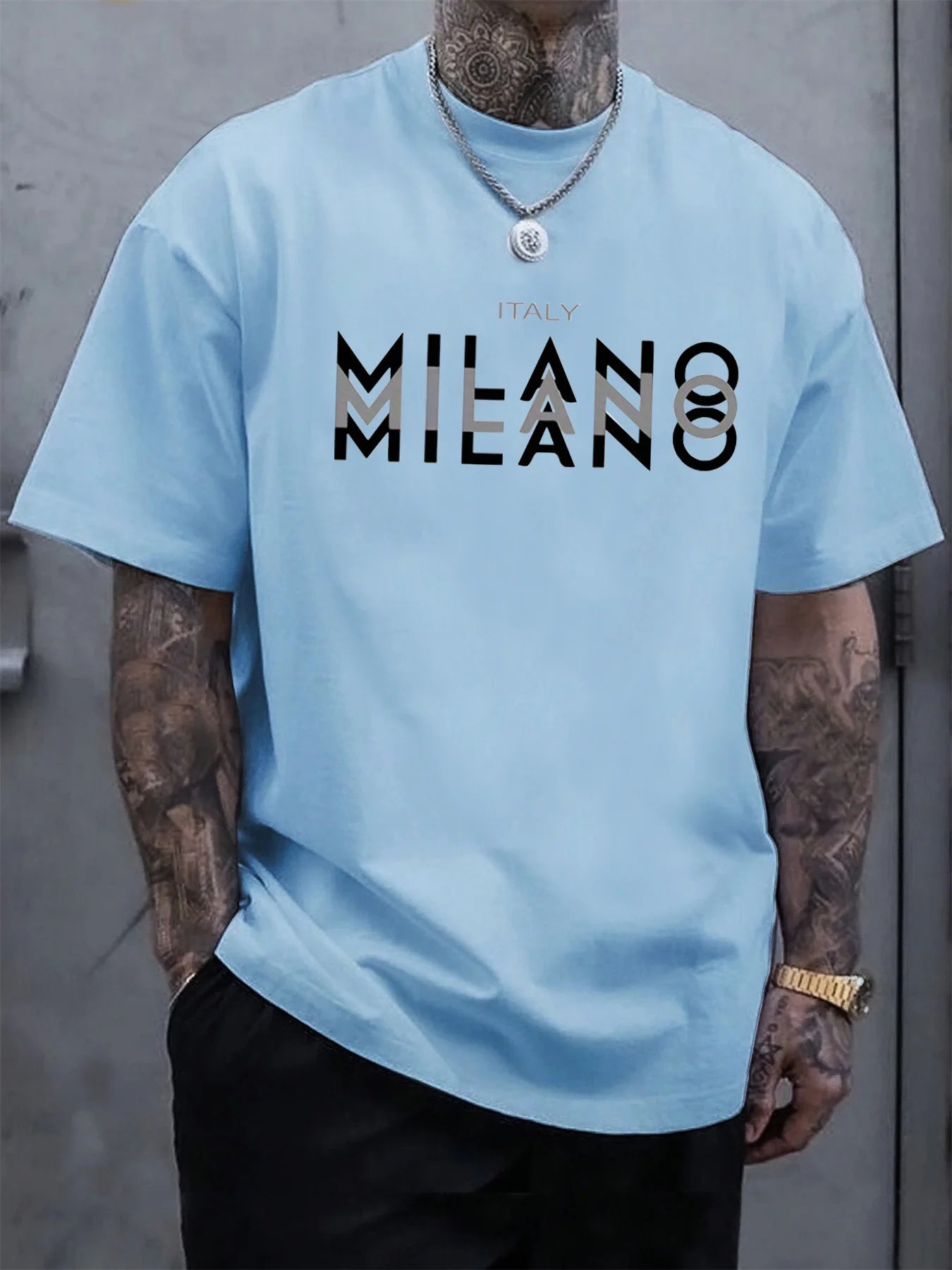 Italy MILANO 100% pur coton, décontracté, coupe ample, grande taille, imprimé, confortable, col rond, T-shirt manches courtes