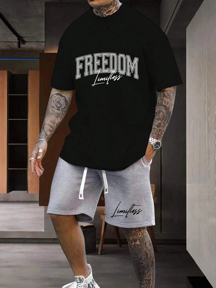Ensemble deux pièces pour homme, décontracté, respirant, à manches courtes, style urbain, ample, t-shirt et short, idéal pour les vacances en plein air et le sport, idéal pour l'été