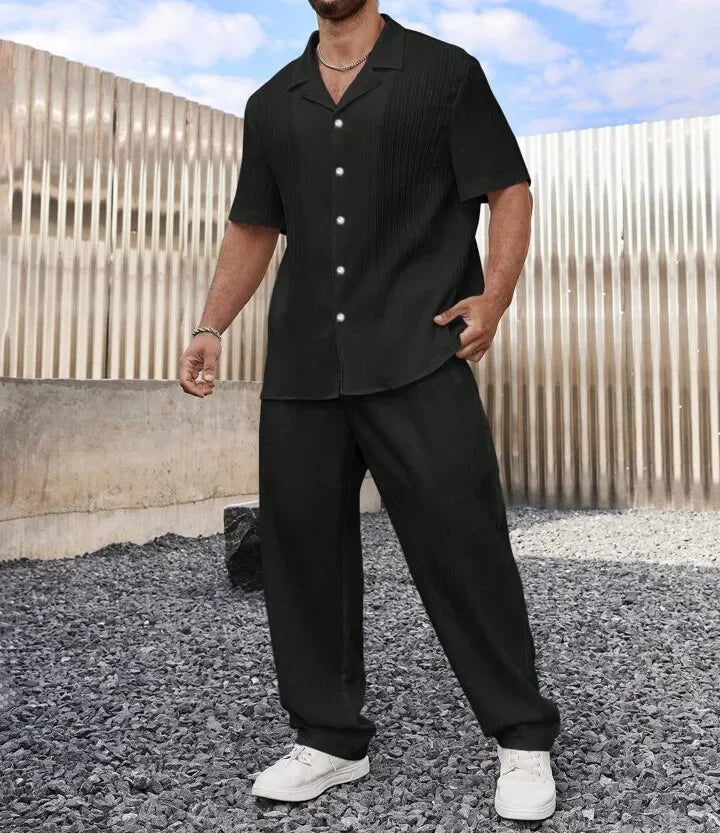 Ensemble deux pièces pour homme, survêtement décontracté, chemise boutonnée à manches courtes et pantalon, à la mode