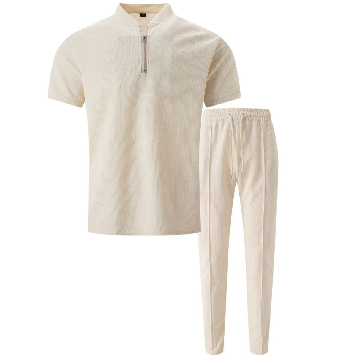 2025 Nouveau polo à col gaufré pour hommes, petite fermeture éclair, couleur unie, t-shirt à manches courtes et pantalon