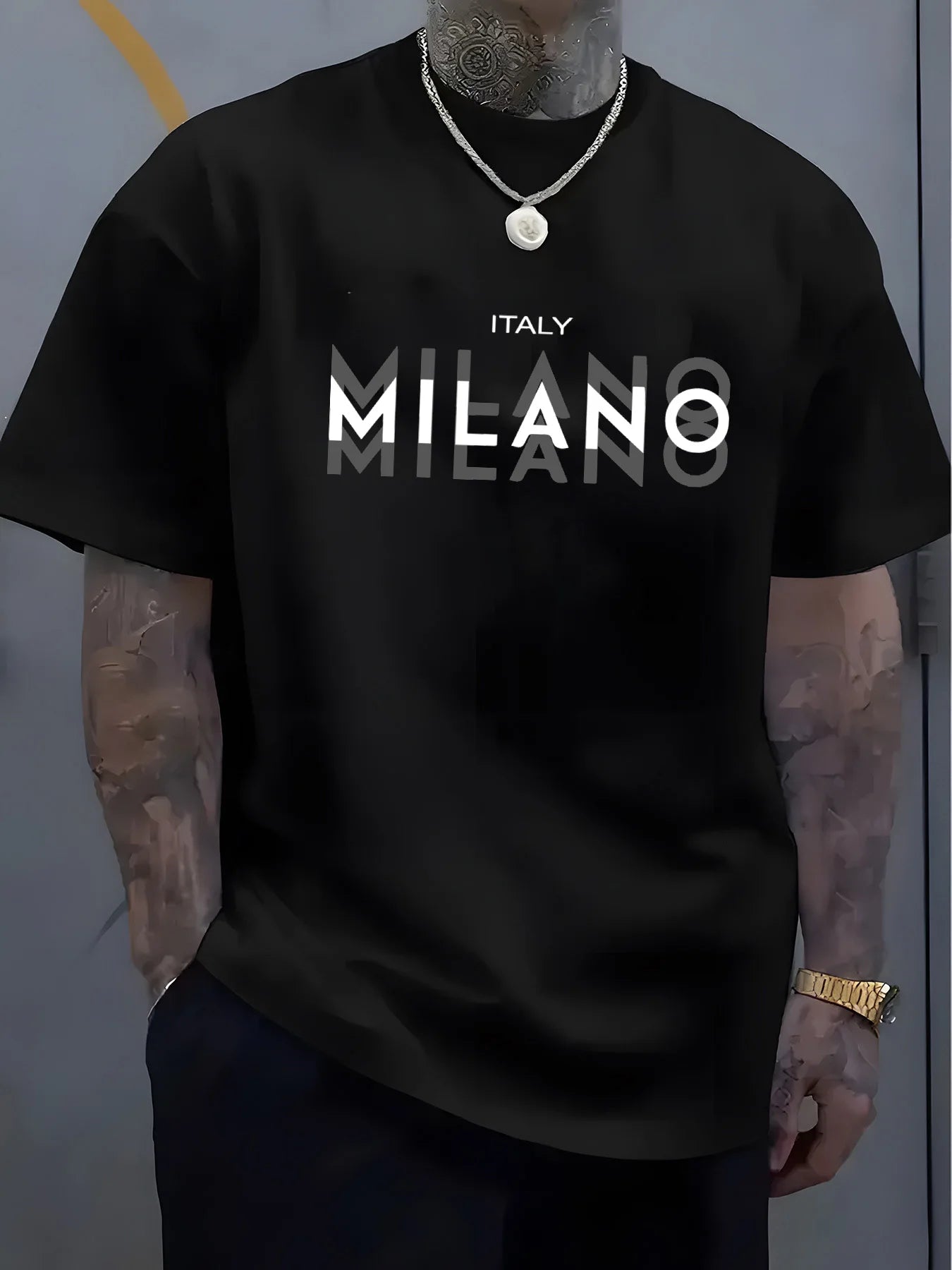 Italy MILANO 100% pur coton, décontracté, coupe ample, grande taille, imprimé, confortable, col rond, T-shirt manches courtes