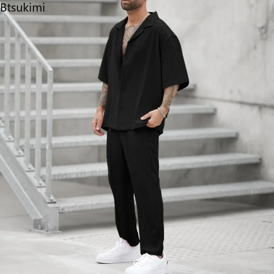 Ensemble 2 pièces 2025 décontracté pour homme, chemise à revers