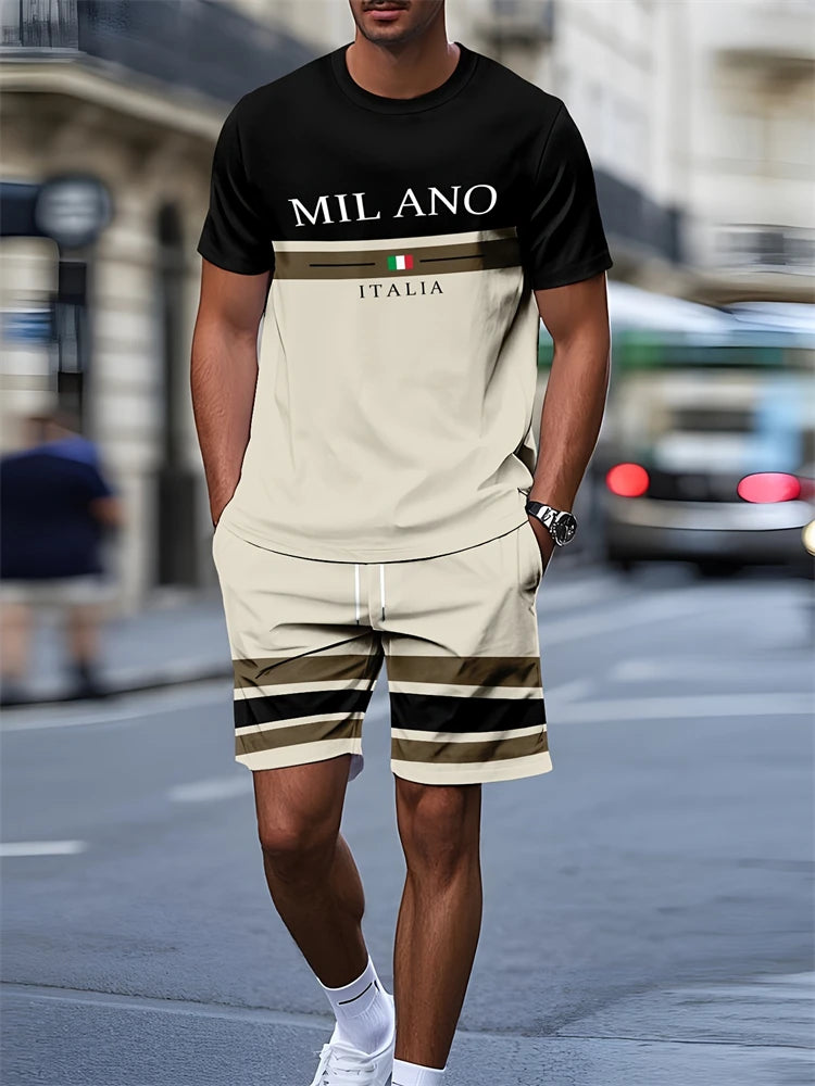 Ensemble 2 pièces pour hommes, T-shirt à manches courtes et Short à rayures avec lettres imprimées, surdimensionné, ample, col rond, avec cordon de serrage, été