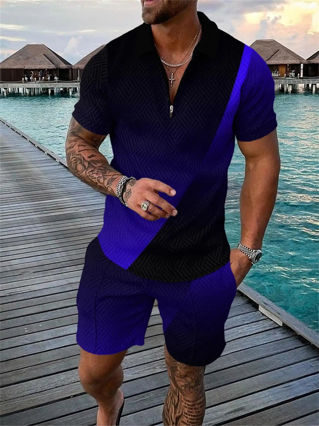 Ensemble 2 pièces à manches courtes et short pour homme, imprimé pois 3D amusant, polo zippé et décontracté, tenue d'été