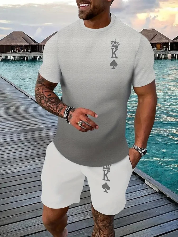 Ensemble deux pièces pour homme à manches courte, décontractée, streetwear d'extérieur, short pour homme, imprimé 3D, t-shirt et short pour homme K