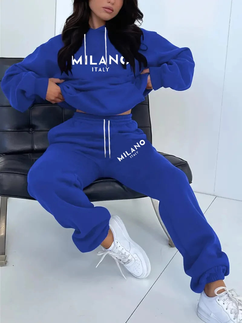 MILANO imprimé sweat à capuche, ensemble rue Hip Hop, vêtements décontracté 2 pièces vêtements en peluche sweat parfait pour l'extérieur.