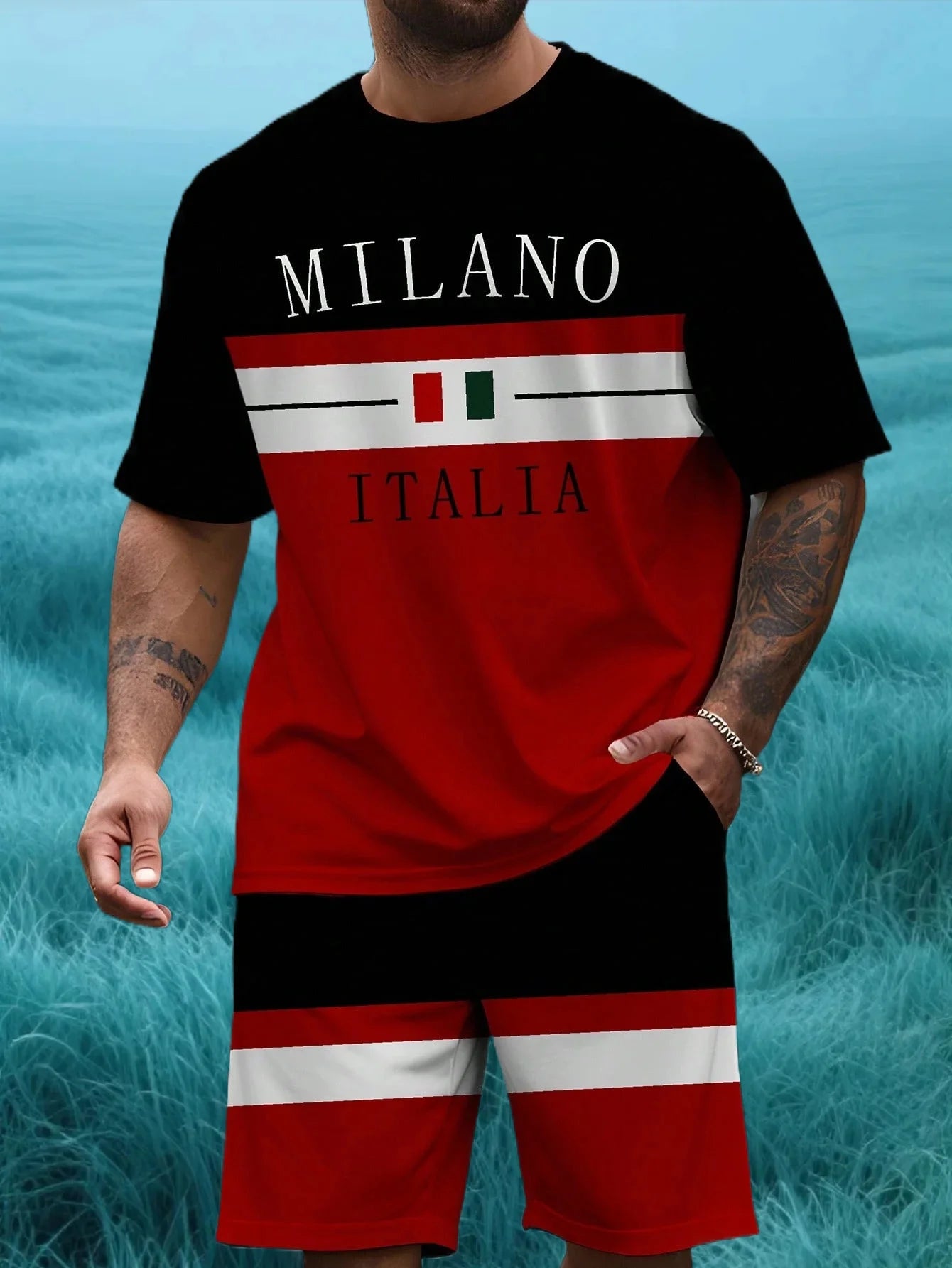 Les derniers ensembles populaires Milano 3D de rue à la mode pour hommes hauts d'été shorts respirants