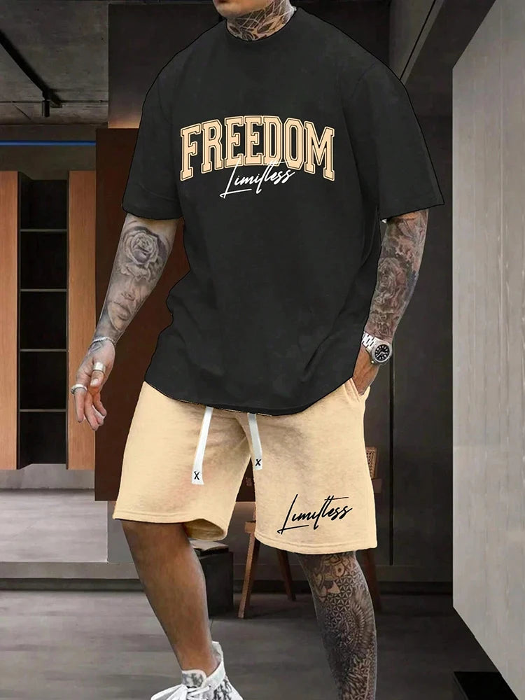 Ensemble deux pièces pour homme, décontracté, respirant, à manches courtes, style urbain, ample, t-shirt et short, idéal pour les vacances en plein air et le sport, idéal pour l'été