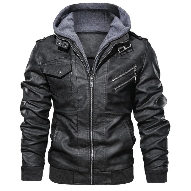 Vestes pour hommes, veste en faux cuir, double fermeture éclair, capuche amovible, manteau en cuir de motard